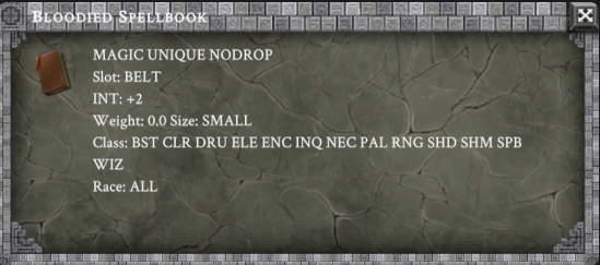 BLOODIED SPELLBOOK in-game item card